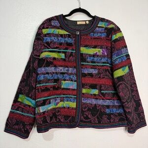Choices Colorful Brocade Patchwork Jacket. Open front, 1 snap at collar. Sz L.
